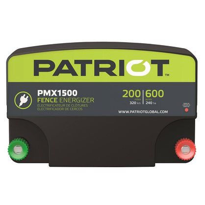 Patriot PMX1500 electric fence energizer on a white background with hot and ground terminals
