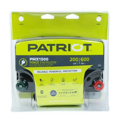 new Patriot PMX1500 electric fence energizer packaging on a white background