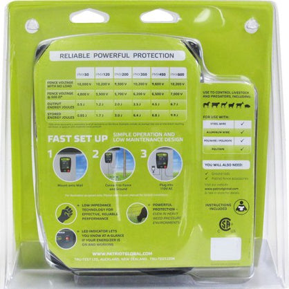 Packaging of a new Patriot PMX fence energizer with text and graphics on a green background