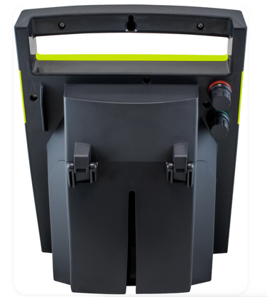 Black and gray patriot sg1000 solar electric fence charger with a green strip on a white background