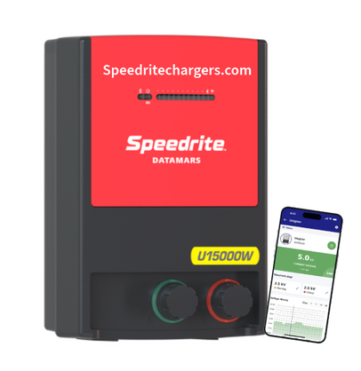 Speedrite U15000W electric Fence Charger with red and black case next to a cell phone with the datamars Pro app controlling the fence wore on white background