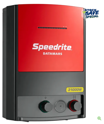 Speedrite 31000W electric fence Charger colored in red and black facing to the right and white background