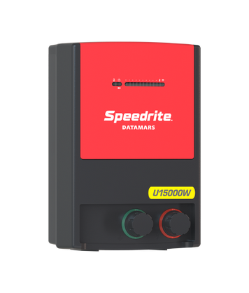 Speedrite U15000W Electric Fence Energizer with red and black case on clear background
