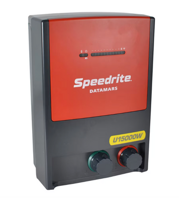 Speedrite U15000W electric Fence Charger with red and black case nfor sale with red and green terminal knobs