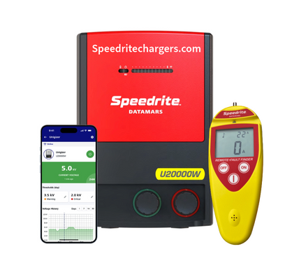 Speedrite U20000W electric Fence Charger, Unigizer, energizer with St102 Remote / fault finder and app to control and monitor electrician on livestock farms with white background