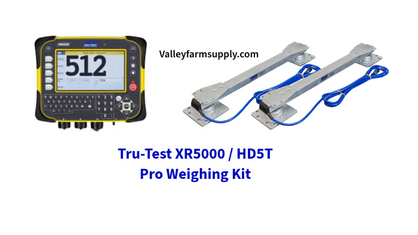 Tru-test XR5000 Cattle scale indicator with large numbers next to a TruTest HD5T Load Bar set on white background