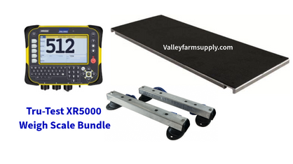 Tru-test cattle a scale system with XR5000 indicator, AP600 Platform, and MP600 weigh scale loadbars with ble lettering and white background