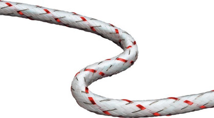 White speedrite extreme braid rope with red accents coiled on a white background