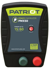 PATRIOT PMX 50 110V AC POWERED FENCE CHARGER with a black case and green and red knobs