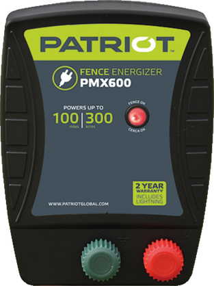 Patriot PMX600 110V Ac Powered Electric Fence Energizer With Black Case Red Light And Red And Green Fence Connection Knobs