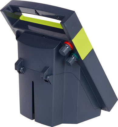 Side view of a patriot solarguard 500 solar powered fence charger shows terminal connection knobs and battery housing