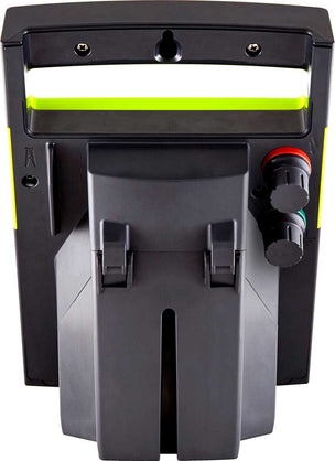 Back of a PATRIOT SOLARGUARD 80 SOLAR POWERED FENCE CHARGER with knobs and battery cover