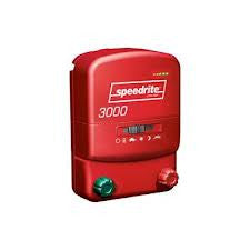 Speedrite 3000 electric fence charger with red case and power switch on white background