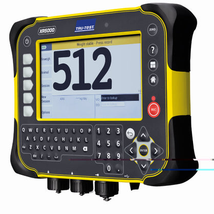 Tru-Test XR5000 Livestock Scale Indicator is yellow and black with large readable numbers on white background