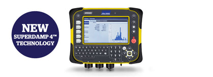 Tru-Test XR5000 Livestock Scale Indicator turned on and showing a weighing chart with a round blue sign the reads New superdamp 4 technology on white background