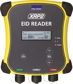 Tru-Test XRP2 Cattle Tag Panel Reader is yellow and black with digital readout display on white background