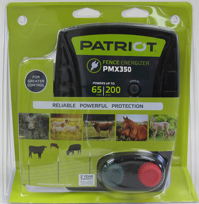 Patriot PMX350 fence energizer packaging with images of animals on a green background