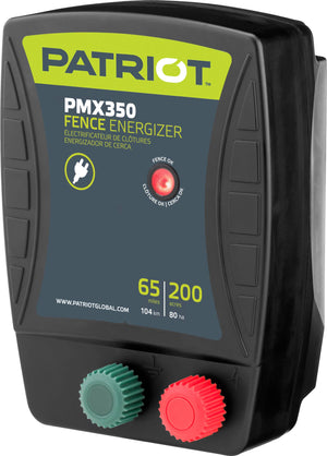 Patriot PMX350 fence energizer with green and red buttons on a white background