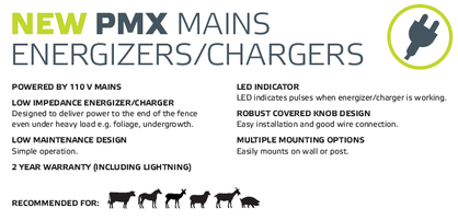 Details describing patriot PMX electric fence charger with animals on it