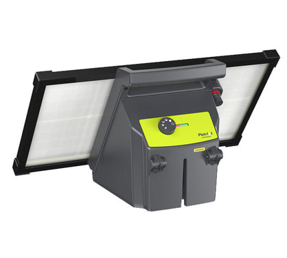 Patriot SG3500 solar guard electric fence charger with a black frame and green label on a white background