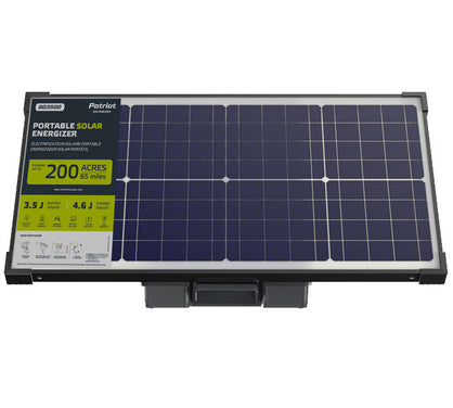 Patriot SG3500 Solar panel and fence charger with branding and specifications on a white background