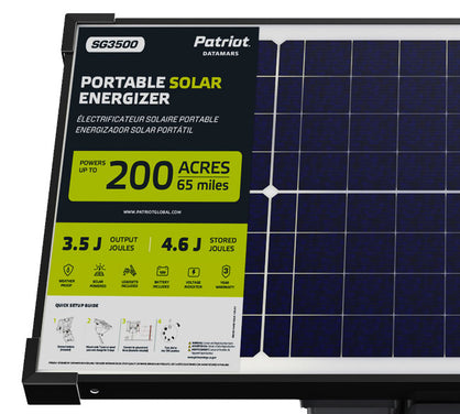 Patriot SG3500 Portable solar energizer with branding and specifications on a white background