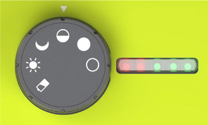 Patriot fence charger Power switch  with icons and a row of lights on a green background