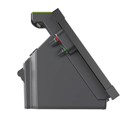 Patriot black side view of electric fence solar energizer with green accents on a white background