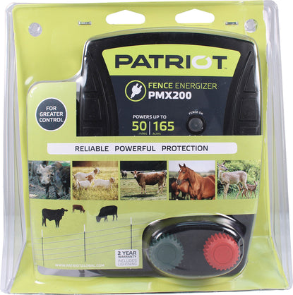 Patriot PMX200 electric fence energizer packaging with images of animals and text on a yellow background