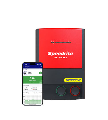 Speedrite U20000W electric Fenc e Charger, Unigizer, energizer with Datamars Pro App to control and monitor electrician on livestock farms with white background