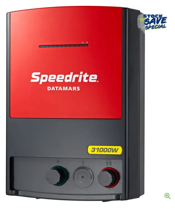 Speedrite 31000W electric fence Charger with red and black case and terminal knobs for fence connections and white background