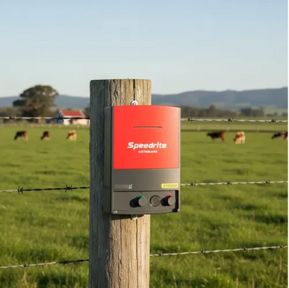 Speedrite 31000W electric fence Charger with red and black housing on a fence post at farm with cattle and pasture grazing