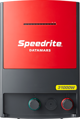 Speedrite 31000W electric fence Charger with red and black housing and black background