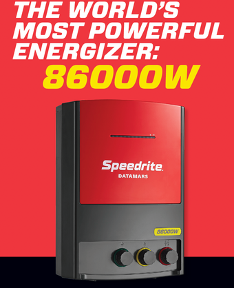 SPEEDRITE 86000W  electric fence charger with worlds most powerful energizer lettering  and red background