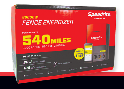 Rend and black box containing a new SPEEDRITE 86000W electric fence charger energizer with white background