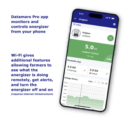 The Datamars Pro App shown on an I phone to monitor and control electric fence shows up in green and blue 