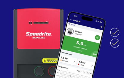 Speedrite U15000W electric Fence Charger with red and black case next to a cell phone with the datamars Pro app controlling the fence on blue background