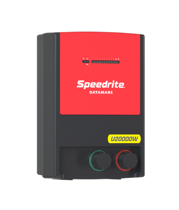 a Speedrite brand electric fence energizer / charger facing to the right is red and black in color and says U20000W on yellow label