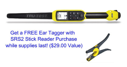 Yellow and black TruTest electronic SRS2 Cattle Tag Reader and free ear tag tagger on white background