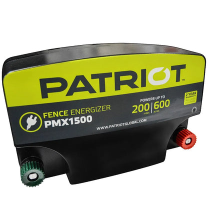 black and green Patriot PMX1500 electric fence energizer on a white background