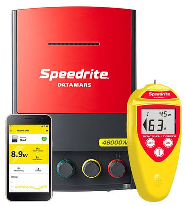 Speedrite 46000W electric fence Charger with red and black housing with yellow speedrite fault finder and phone app onwhite background