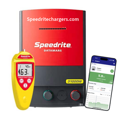 speedrite 31000Welectric fence charger with remote and Datamars Pro app on I phone with white background