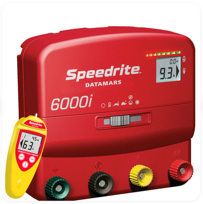 red speedrite 6000i electric fence charger with remote and digital power display and fence terminals on what background