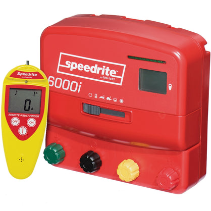 new red speedrite electric fence energizer with yellow remote control unit with speedrite brand logos