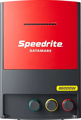 SPEEDRITE 86000W 86 joule electric fence energizer with red label and white letters in a black housing.