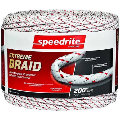 roll of speedrite extreme braid electric fence rope with red label and white background