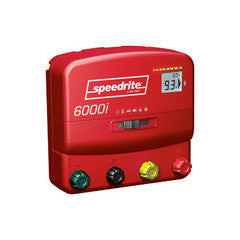 SPEEDRITE 6000i electric fence energizer with red case and green, black, yellow, and red terminal knobs and digital readout screen