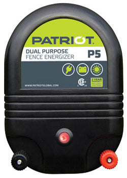 PATRIOT P5 AC/DC DUAL POWERED FENCE CHARGER front view with terminal knobs and flashing light
