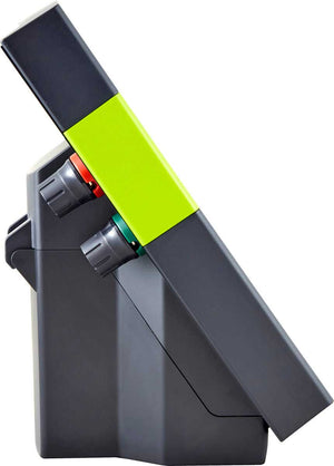 side view of a PATRIOT SOLARGUARD 150 SOLAR POWERED FENCE CHARGER is black and green 