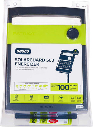 front view of a patriot solarguard 500 solar powered fence charger made for 30 miles or 100 acres of electric fence